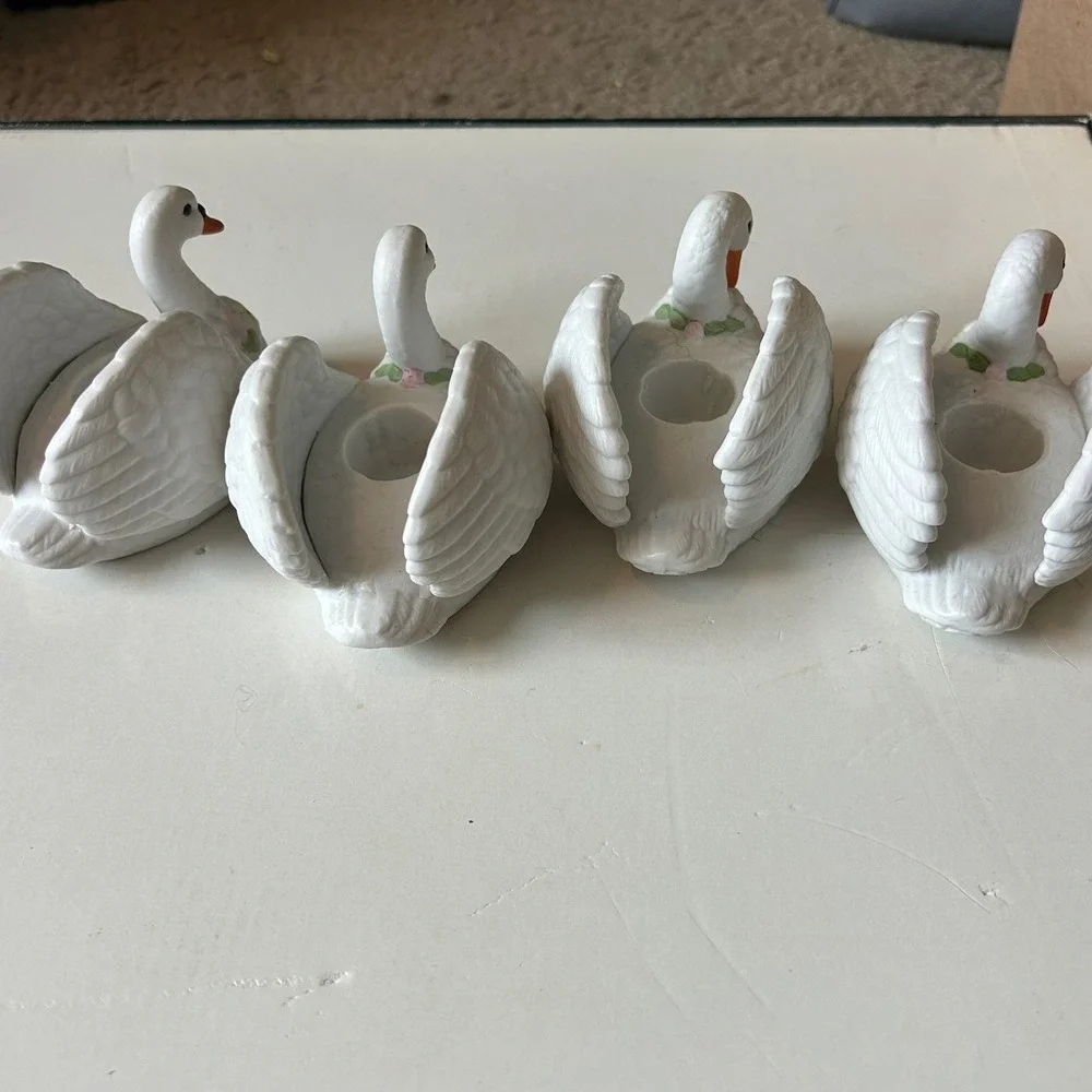 Schmid 1989 Vintage White Ceramic Swan Candle Holders Set of 4 Floral Accents